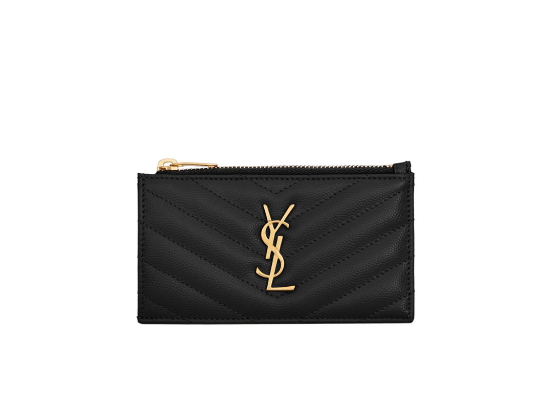 Saint Laurent Saint Laurent Cassandre Matelasse Zipped Fragments Card Case In Grain De Poudre Embossed Leather With Gold-Toned Metal Hardware Black