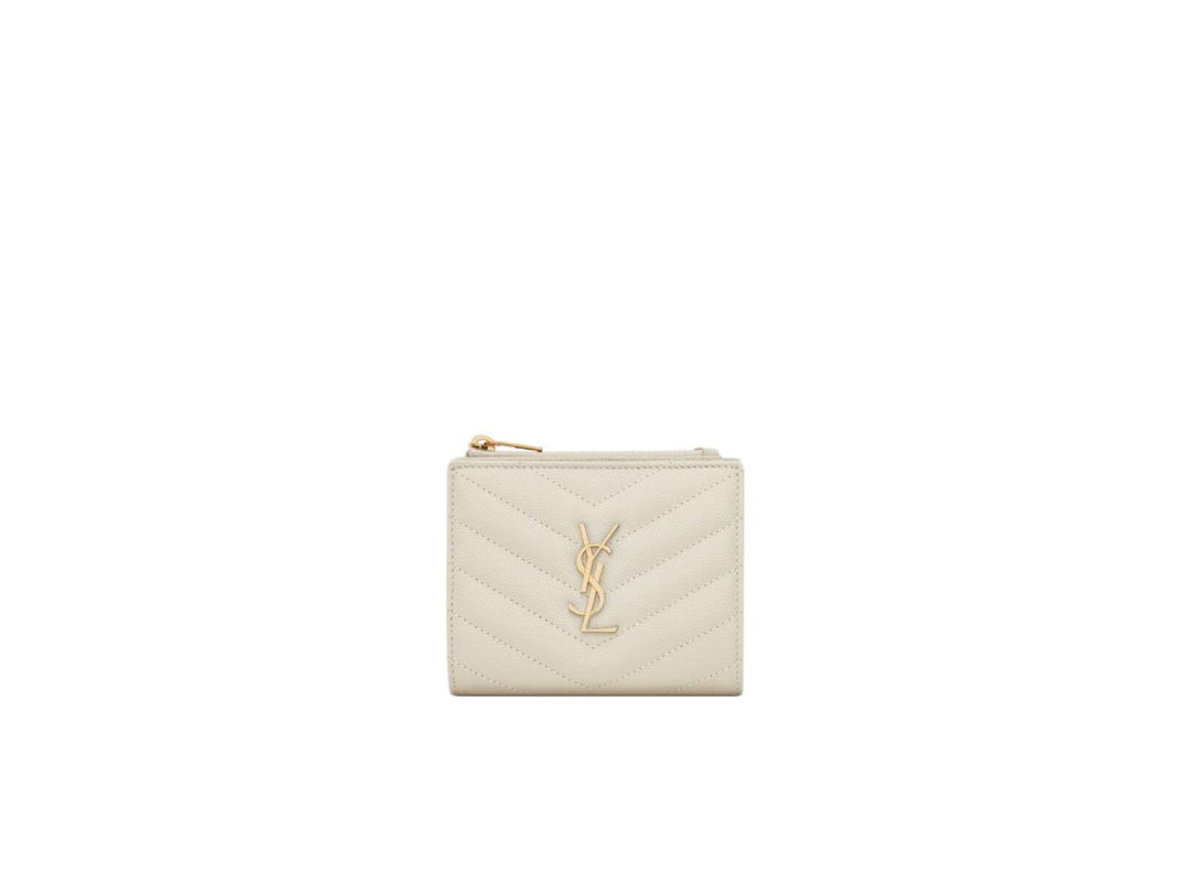 Saint Laurent Saint Laurent Cassandre Matelassé Bi-Fold Wallet In Grain De Poudre Embossed Leather With Gold-Toned Hardware Blanc Vintage