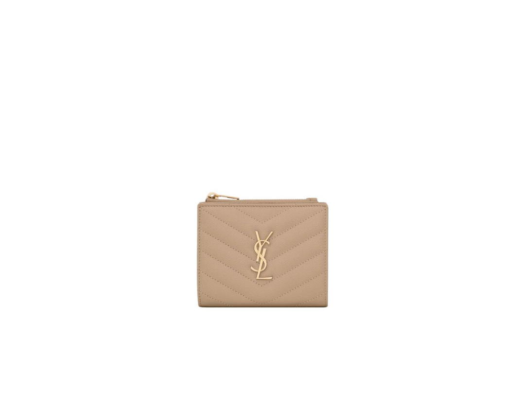Saint Laurent Saint Laurent Cassandre Matelassé Bi-Fold Wallet In Grain De Poudre Embossed Leather With Gold-Toned Hardware Dark Beige