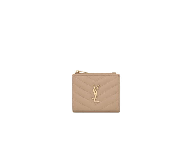 Saint Laurent Saint Laurent Cassandre Matelassé Bi-Fold Wallet In Grain De Poudre Embossed Leather With Gold-Toned Hardware Dark Beige - view 1