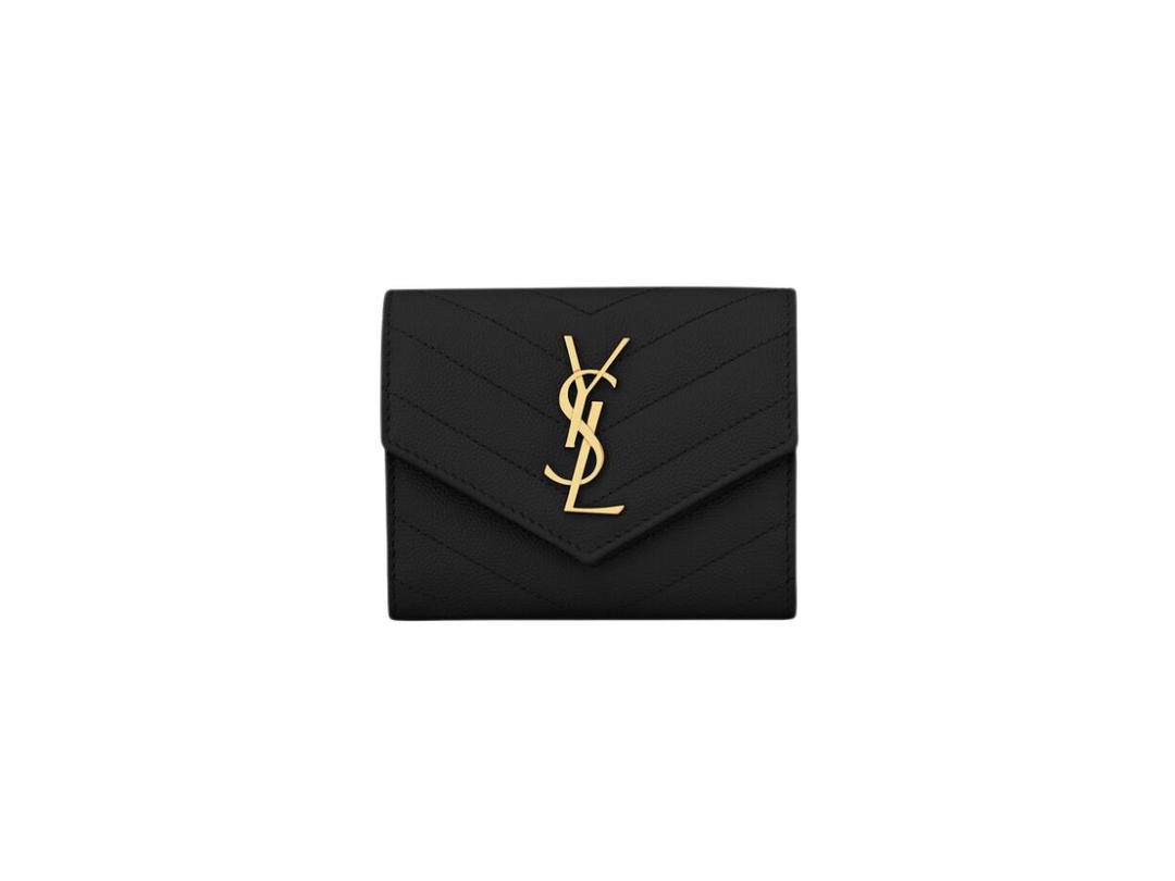 Saint Laurent Saint Laurent Cassandre Matelasse Compact Tri Fold Wallet In Grain De Poudre Embossed Leather With Gold-Toned Metal Hardware Black