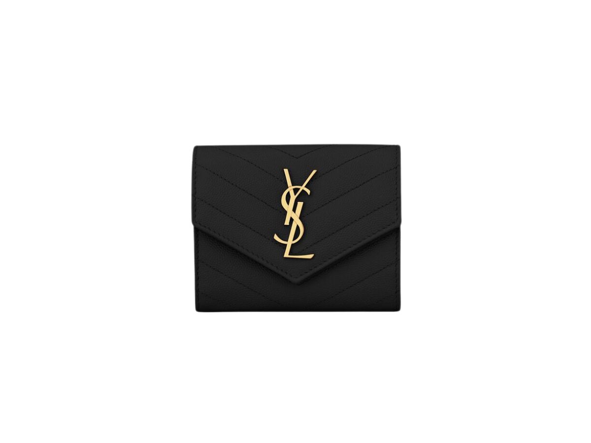 Saint Laurent Saint Laurent Cassandre Matelasse Compact Tri Fold Wallet In Grain De Poudre Embossed Leather With Gold-Toned Metal Hardware Black