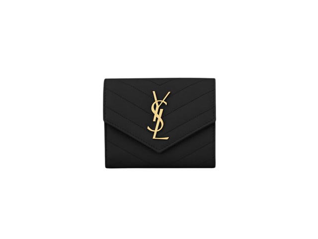 Saint Laurent Saint Laurent Cassandre Matelasse Compact Tri Fold Wallet In Grain De Poudre Embossed Leather With Gold-Toned Metal Hardware Black - view 1