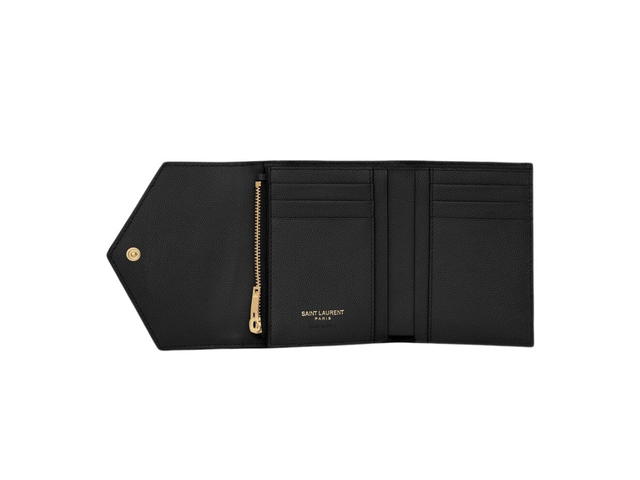 Saint Laurent Saint Laurent Cassandre Matelasse Compact Tri Fold Wallet In Grain De Poudre Embossed Leather With Gold-Toned Metal Hardware Black - view 3