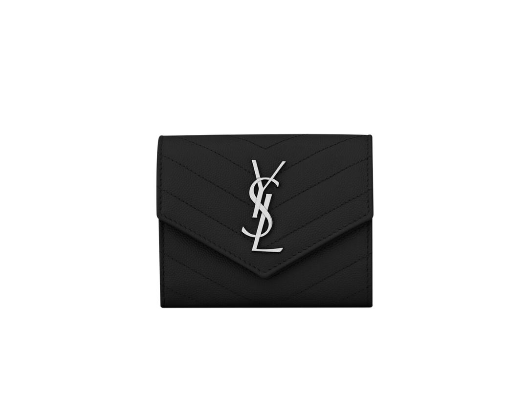 Saint Laurent Saint Laurent Cassandre Matelasse Compact Tri Fold Wallet In Grain De Poudre Embossed Leather With Silver-Toned Metal Hardware Black