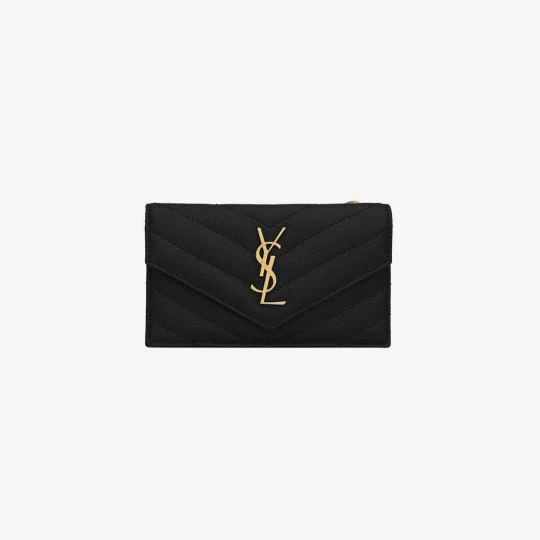 Saint Laurent Saint Laurent Cassandre Matelasse Fragments Flap Card Case in Grain de Poudre Embossed Leather Black