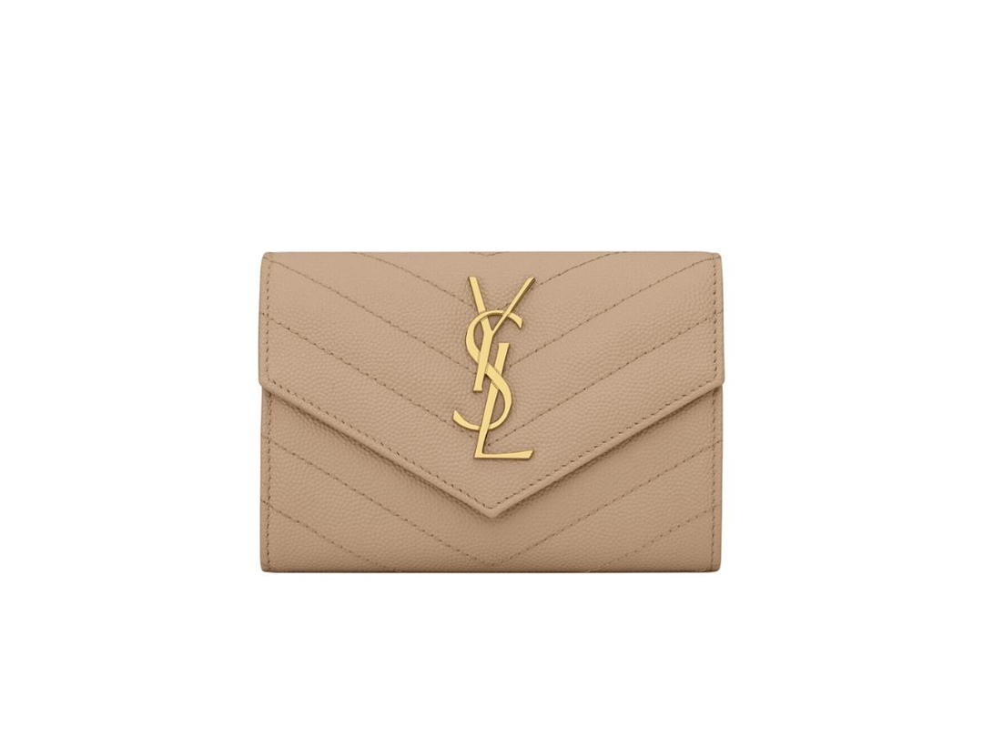 Saint Laurent Saint Laurent Cassandre Matelasse Small Envelope Wallet In Grain De Poudre Embossed Leather With Gold-Toned Metal Hardware Dark Beige