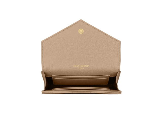 Saint Laurent Saint Laurent Cassandre Matelasse Small Envelope Wallet In Grain De Poudre Embossed Leather With Gold-Toned Metal Hardware Dark Beige - view 3