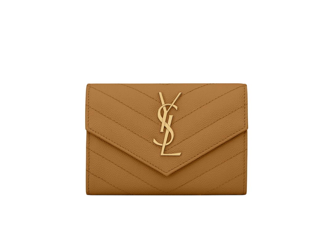 Saint Laurent Saint Laurent Cassandre Matelasse Small Envelope Wallet In Grain De Poudre Embossed Leather With Gold-Toned Metal Hardware Dark Natural