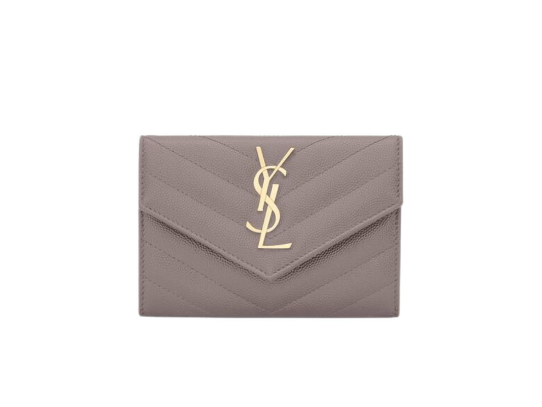 Saint Laurent Saint Laurent Cassandre Matelasse Small Envelope Wallet In Grain De Poudre Embossed Leather With Gold-Toned Metal Hardware Fog