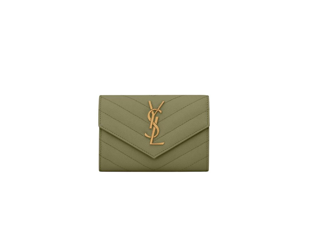 Saint Laurent Saint Laurent Cassandre Matelasse Small Envelope Wallet In Grain De Poudre Embossed Leather With Gold-Toned Metal Hardware Light Sage
