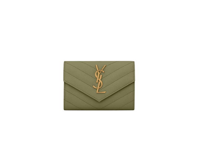 Saint Laurent Saint Laurent Cassandre Matelasse Small Envelope Wallet In Grain De Poudre Embossed Leather With Gold-Toned Metal Hardware Light Sage - view 1