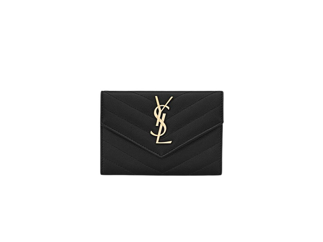Saint Laurent Saint Laurent Cassandre Matelasse Small Envelope Wallet In Grain De Poudre Embossed Leather With Gold-Toned Metal Hardware Noir