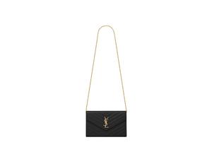 Saint Laurent Envelope Chain Wallet In Grain De Poudre Embossed Leather Black