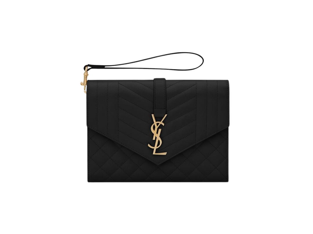 Saint Laurent Saint Laurent Envelope Flap Pouch In Mix Matelassé Grain De Poudre Embossed Leather With Gold-Toned Metal Hardware Black