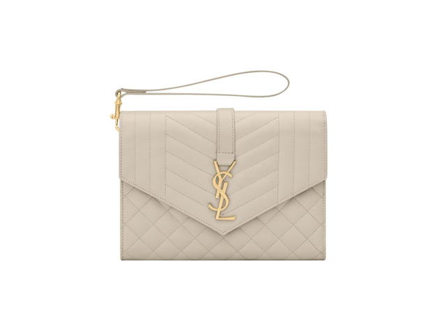 Saint Laurent Saint Laurent Envelope Flap Pouch In Mix Matelasse Grain De Poudre Embossed Leather Blanc Vintage Gold-Toned Metal Hardware - view 1
