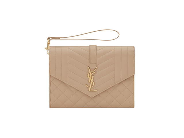 Saint Laurent Saint Laurent Envelope Flap Pouch In Mix Matelasse Grain De Poudre Embossed Leather Dark Beige Gold-Toned Metal Hardware - view 1