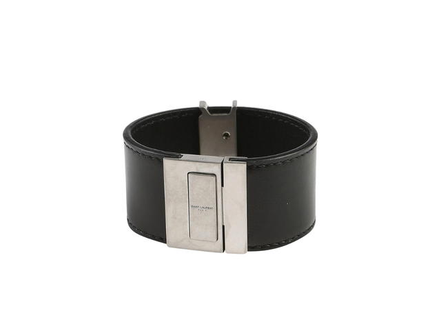 Saint Laurent Saint Laurent Logo Bracelet In Calf Leather With Silver-Tone Hardware Black - view 2
