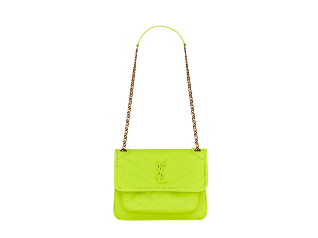 Saint Laurent Saint Laurent Niki Baby Chain Bag In Crinkled Lambskin With Light Bronze-Toned Hardware Neon Yellow