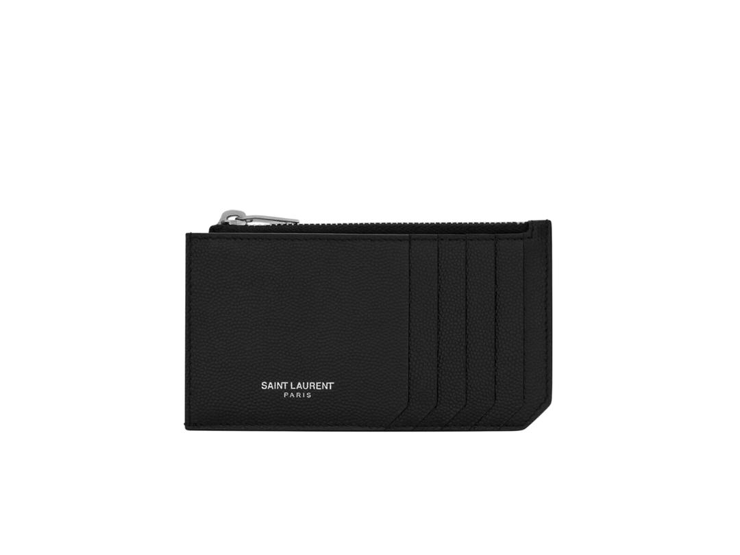 Saint Laurent Saint Laurent Paris Fragments Zipped Card Case In Grain De Poudre Embossed Leather With Silver-Toned Metal Hardware Black