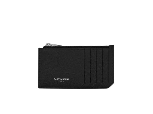 Saint Laurent Saint Laurent Paris Fragments Zipped Card Case In Grain De Poudre Embossed Leather With Silver-Toned Metal Hardware Black - view 1