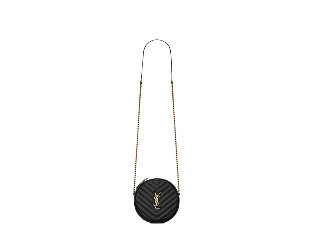 Saint Laurent Saint Laurent Vinyle Round Camera Bag In Chevron-Quilted Grain De Poudre Embossed Leather With Gold-Toned Metal Hardware Black