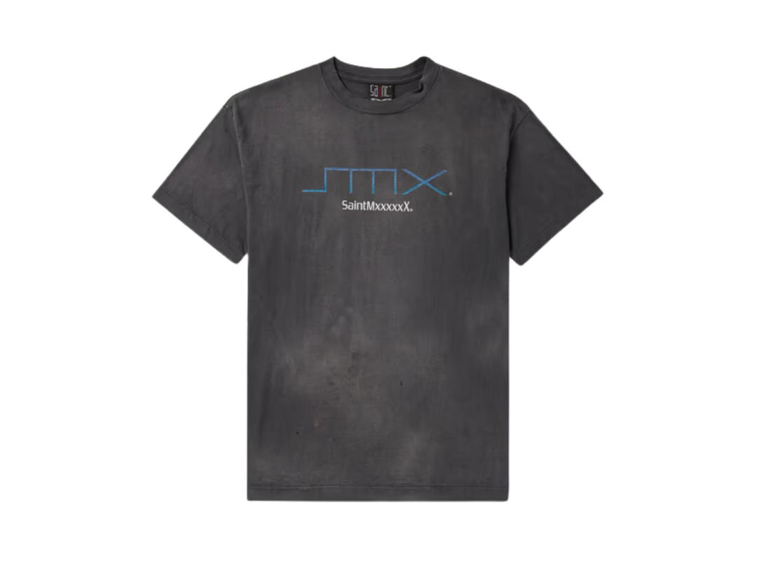 Saint Saint Mxxxxxx Logo Print Distressed Cotton Jersey T-Shirt Gray