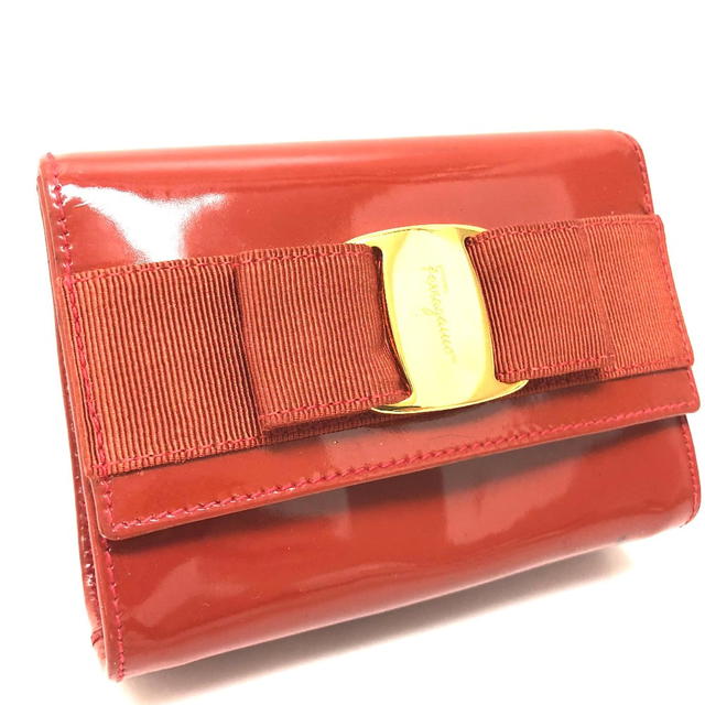 Ferragamo SALVATORE FERRAGAMO Patent Leather Vara Ribbon Pouch Bag Orange - view 1