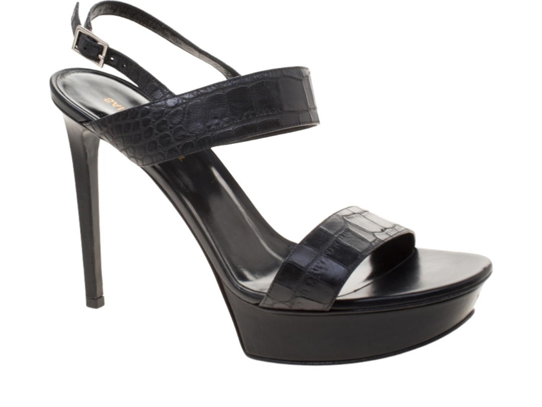 Saint Laurent Saint Laurent Croc Embossed Leather Platform Slingback Sandals Black (W)