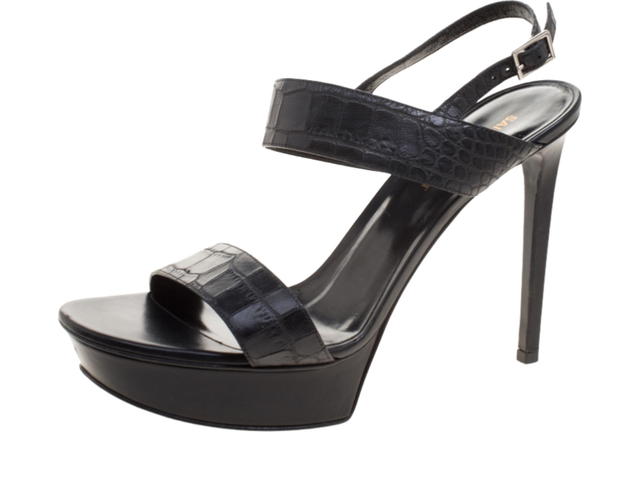 Saint Laurent Saint Laurent Croc Embossed Leather Platform Slingback Sandals Black (W) - view 2