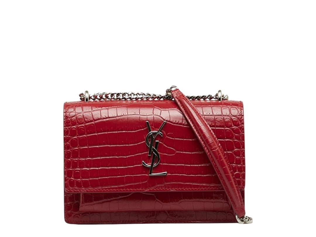 Saint Laurent Saint Laurent Sunset Crossbody Bag In Red Croc Embossed With Silver Hardware