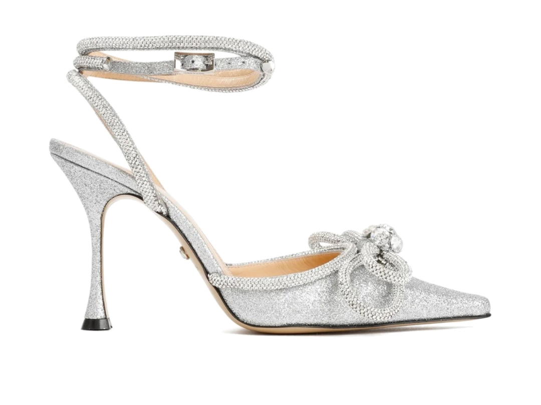 Mach & Mach Mach & Mach Bow-Embellished Ankle Strap Pumps In Calfskin Leather With Glitter Hardware Silver