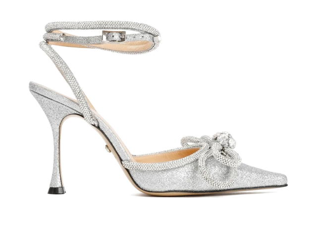 Mach & Mach Mach & Mach Bow-Embellished Ankle Strap Pumps In Calfskin Leather With Glitter Hardware Silver - view 1
