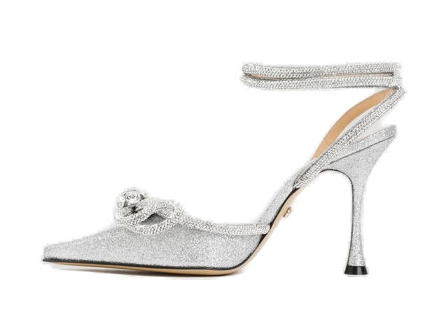Mach & Mach Mach & Mach Bow-Embellished Ankle Strap Pumps In Calfskin Leather With Glitter Hardware Silver - view 2