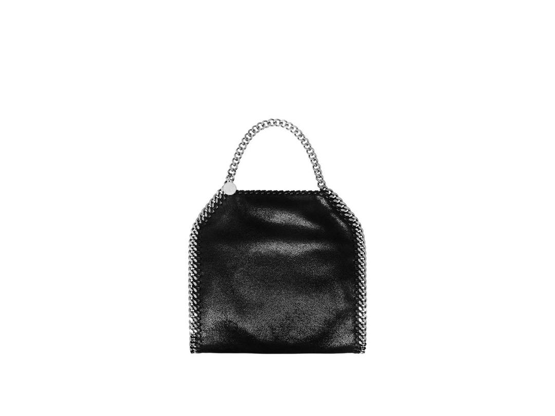 Stella Mccartney Stella Mccartney Falabella Mini Tote Bag In Matte Vegan Shaggy Deer Fabric And Semi-Gloss Grain With Signature Ruthenium Recycled Brass And Aluminium Diamond-Cut Chain Black