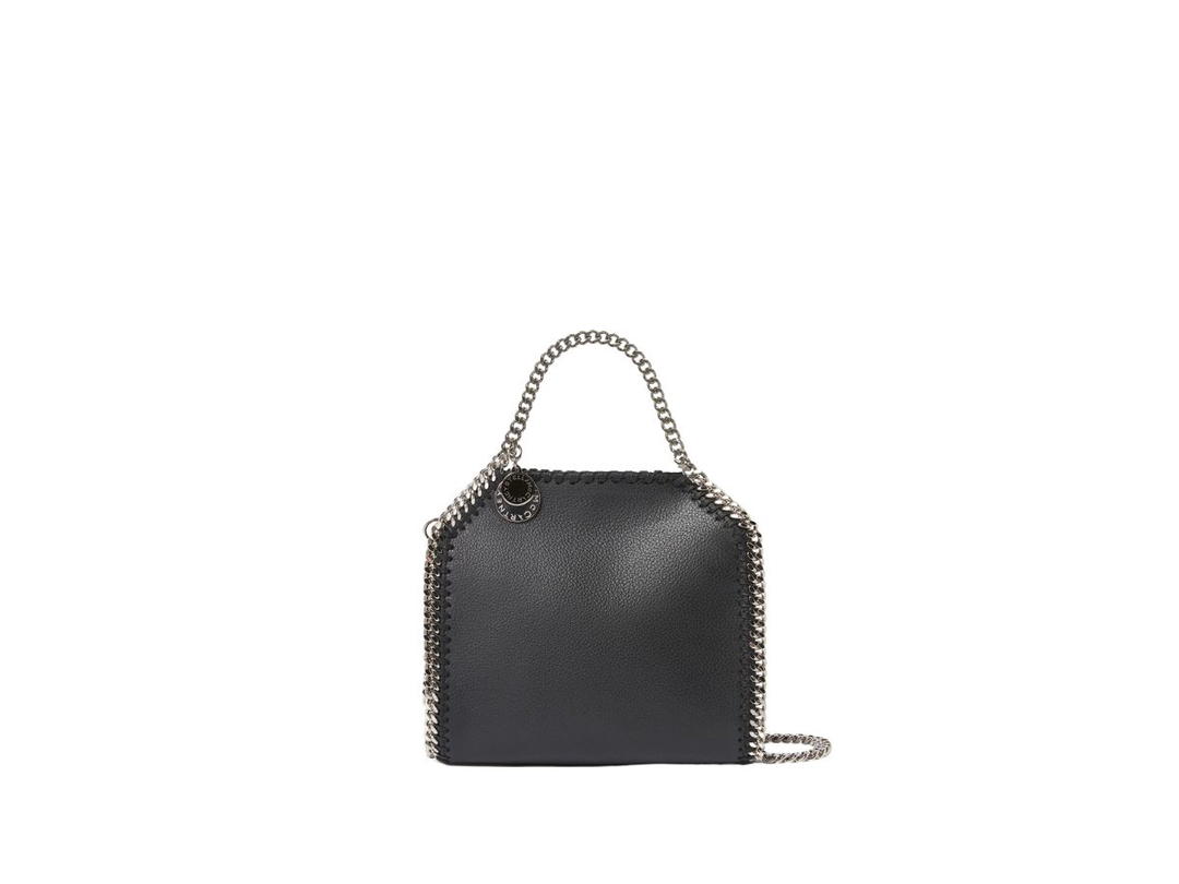 Stella Mccartney Stella Mccartney Falabella MIRUM® Tiny Tote Bag In 100% Plastic-Free With Signature Silver Recycled Brass Diamond-Cut Chain Black