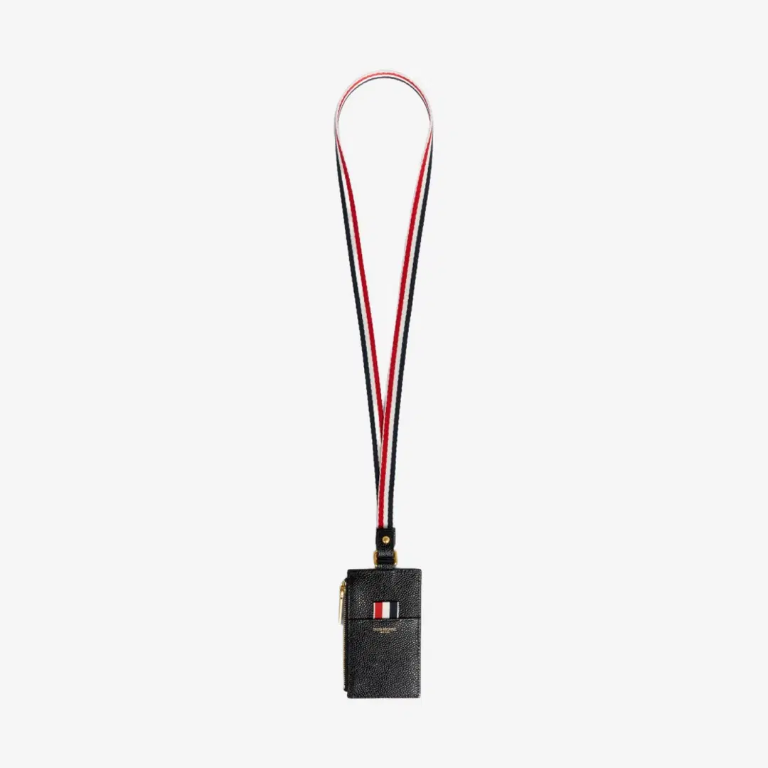 Thom Browne Thom Browne Pebble Grain Leather Debossed 4-Bar Stripe Lanyard Zippered Card Wallet Black