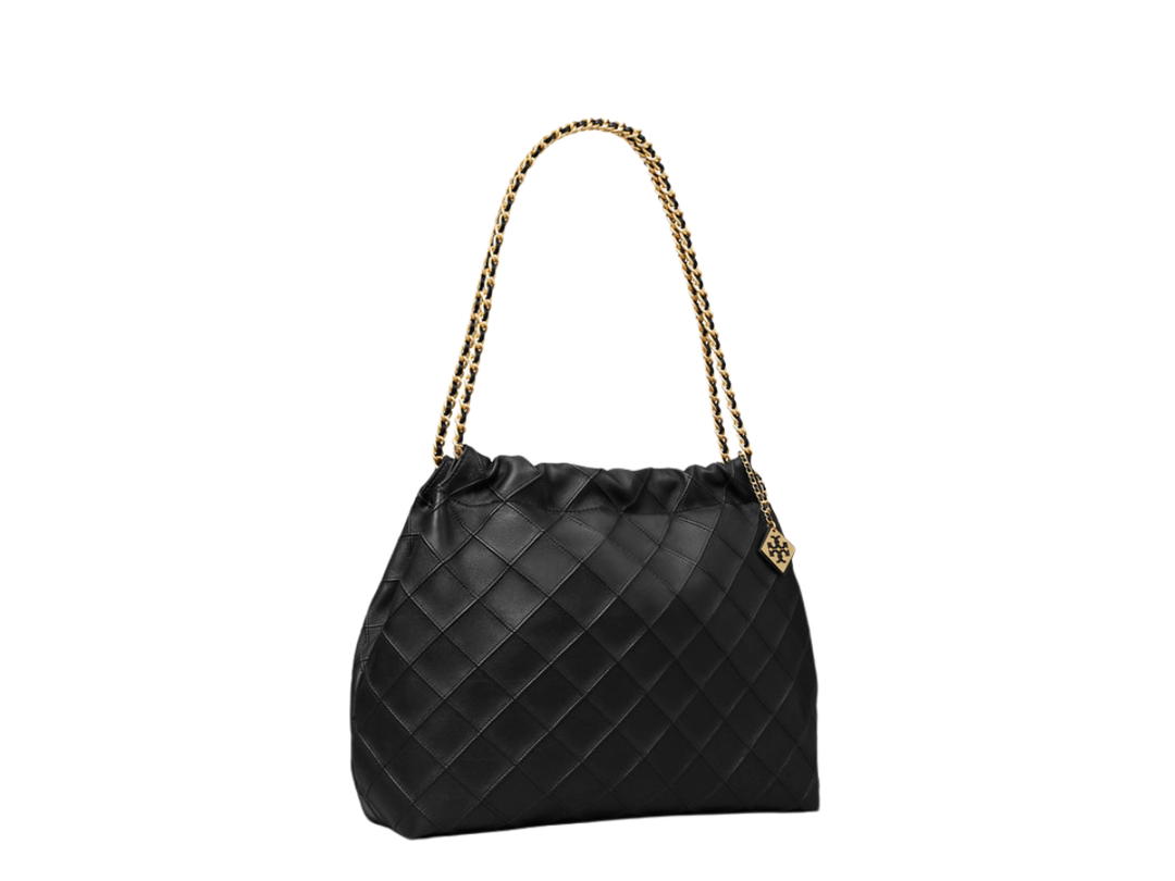 Tory Burch Tory Burch Fleming Soft Drawstring Bag In Softest Leather With Diamond Pattern Pintucks And Braided Chain Strap Black