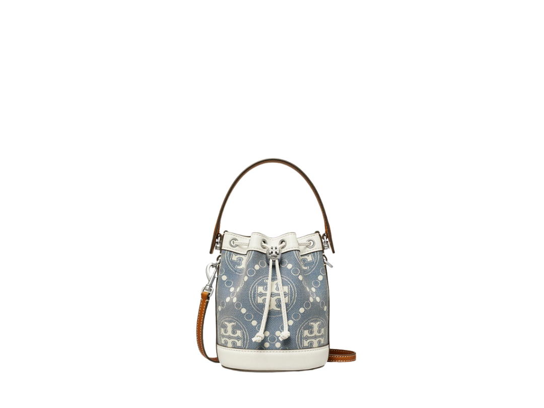 Tory Burch Tory Burch Mini T Monogram Bucket Bag In Denim Jacquard With Nickel Hardware Pearl Blue