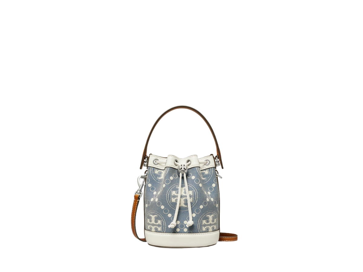 Tory Burch Tory Burch Mini T Monogram Bucket Bag In Denim Jacquard With Nickel Hardware Pearl Blue
