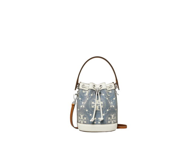 Tory Burch Tory Burch Mini T Monogram Bucket Bag In Denim Jacquard With Nickel Hardware Pearl Blue - view 1