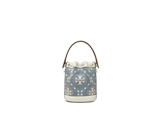 Tory Burch Tory Burch Mini T Monogram Bucket Bag In Denim Jacquard With Nickel Hardware Pearl Blue - view 2