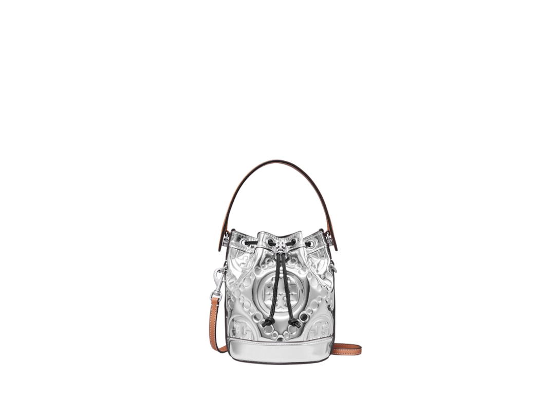 Tory Burch Tory Burch Mini T Monogram Bucket Bag In Embossed Mirror Metallic Polyurethane With Nickel Hardware Silver
