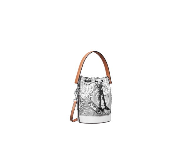 Tory Burch Tory Burch Mini T Monogram Bucket Bag In Embossed Mirror Metallic Polyurethane With Nickel Hardware Silver - view 2