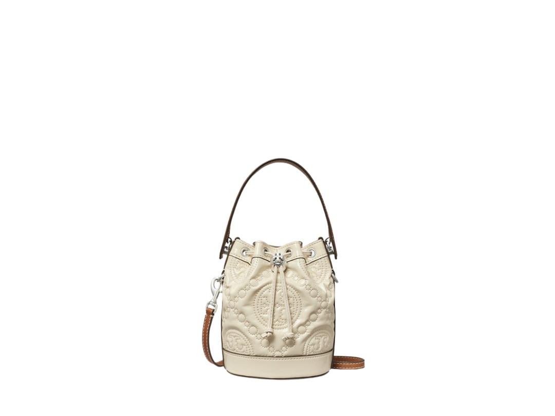 Tory Burch Tory Burch Mini T Monogram Bucket Bag In Embroidered Patent Leather With Nickel Hardware Light Cream