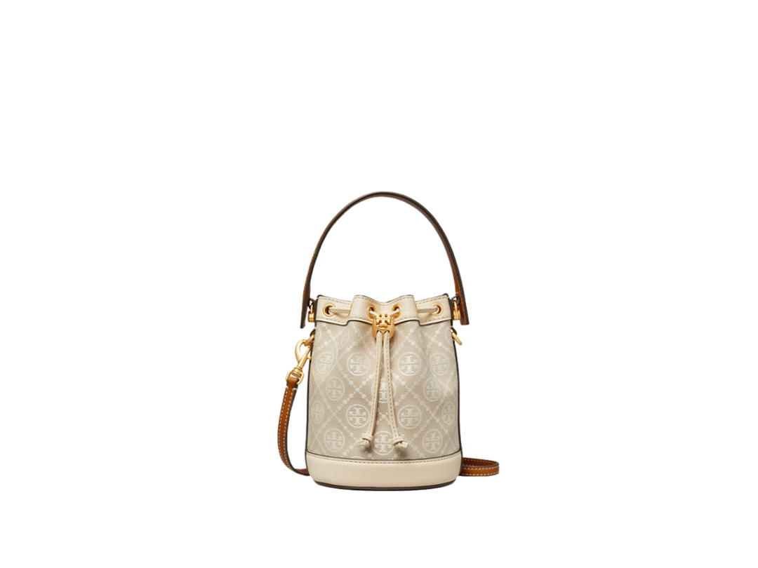 Tory Burch Tory Burch Mini T Monogram Degrade Bucket Bag In Woven Jacquard Leather With Brass Hardware Ivory