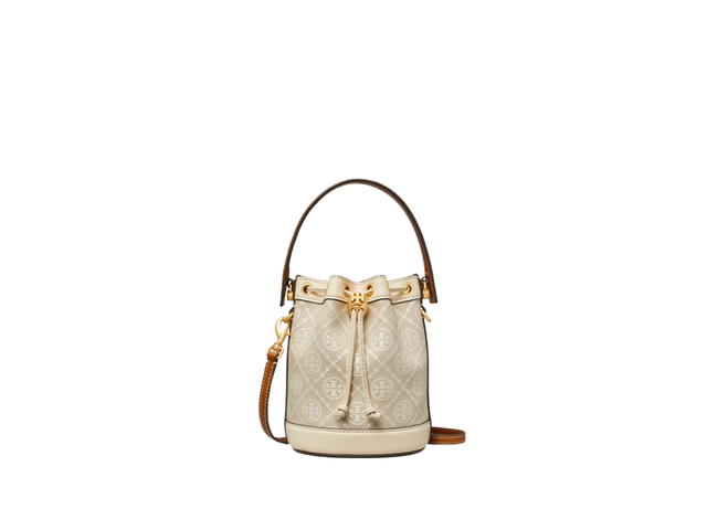 Tory Burch Tory Burch Mini T Monogram Degrade Bucket Bag In Woven Jacquard Leather With Brass Hardware Ivory - view 1