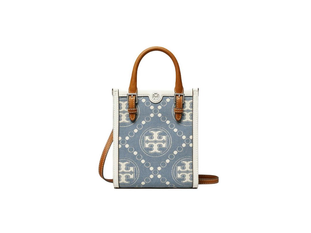 Tory Burch Tory Burch Mini T Monogram Denim Tote In Denim Jacquard With Nickel Hardware Pearl Blue