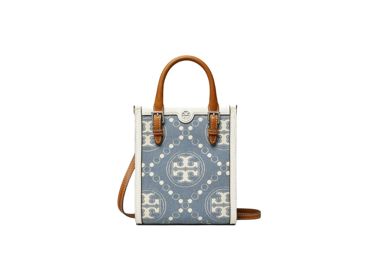 Tory Burch Tory Burch Mini T Monogram Denim Tote In Denim Jacquard With Nickel Hardware Pearl Blue