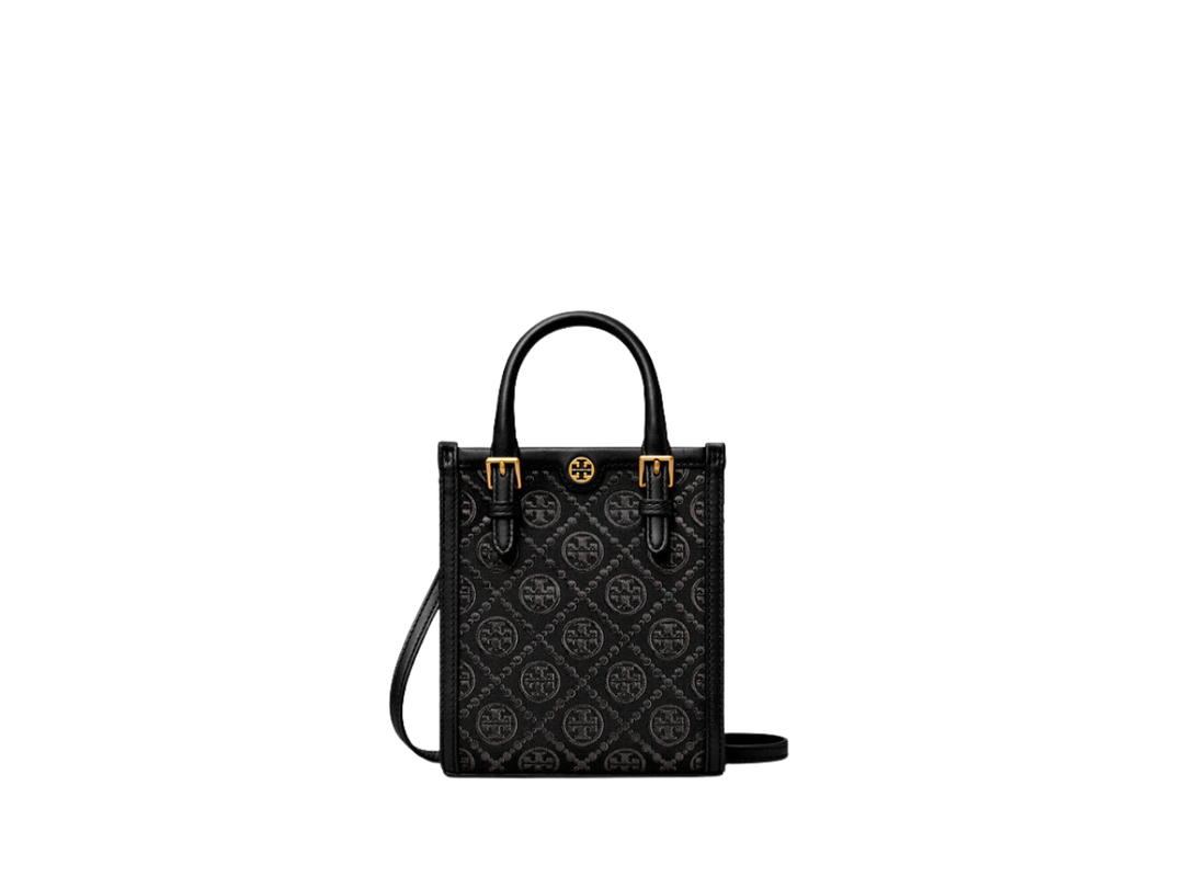 Tory Burch Tory Burch Mini T Monogram Tote In Leather With Brass Hardware Black